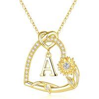 wholesale 14K Gold Initial Letter A with Sunflower and Diamond Pendant Necklaces for Women Girls Personalized  (14K Gold)- Gold Plated