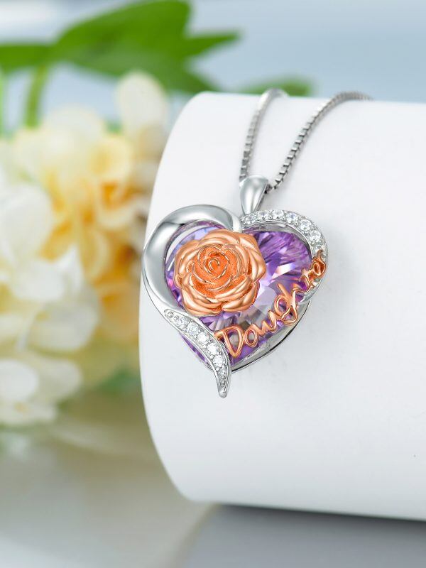 Sterling Silver Rose Heart Crystal Pendant Necklace for Daughter-4