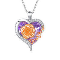 wholesale 925 Sterling Silver Purple Crystal Rose Heart Pendant Necklace for Daughters' Gifts on Valentine's Day and Birthdays- Two Tone