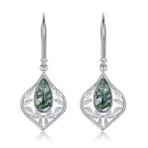 Sterling Silver Teardop Moss Agate Dangle Earrings-0