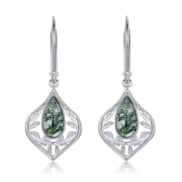 Sterling Silver Teardop Moss Agate Dangle Earrings-0