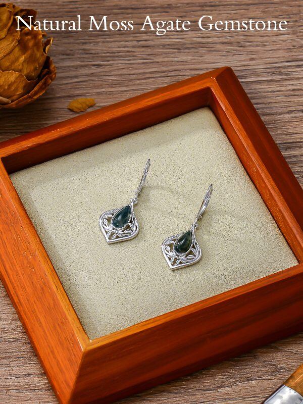 Sterling Silver Teardop Moss Agate Dangle Earrings-4