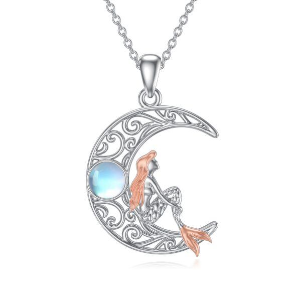 Sterling Silver Mermaid Moon Pendant Necklace with Moonstone-0