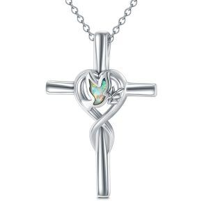 Sterling Silver Cross Pendant Necklace with Created Opal Bird-0