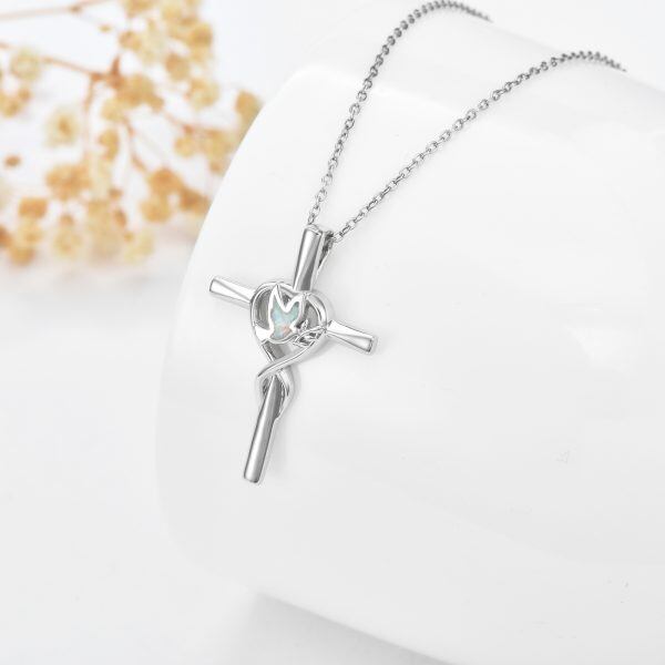 Sterling Silver Cross Pendant Necklace with Created Opal Bird-3