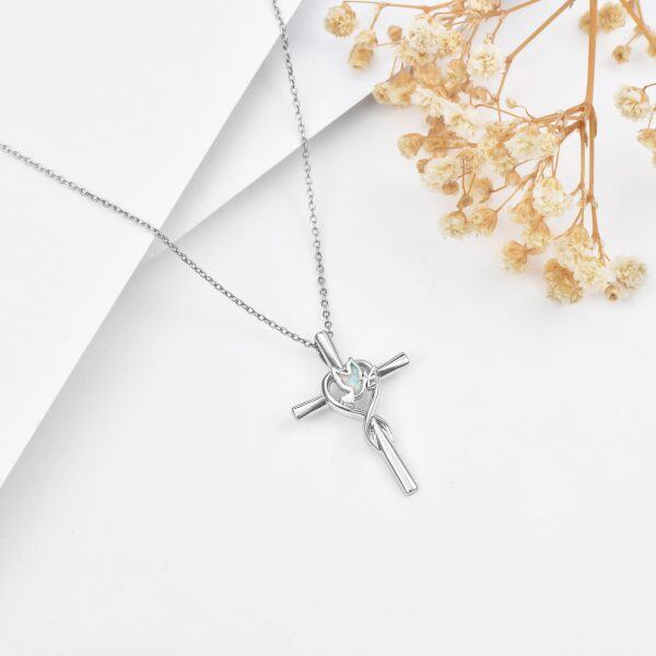 Sterling Silver Cross Pendant Necklace with Created Opal Bird-4