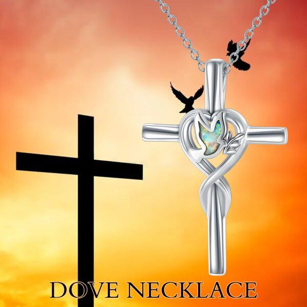 Sterling Silver Cross Pendant Necklace with Created Opal Bird-5