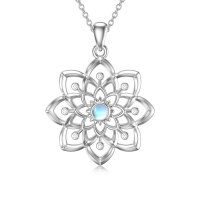 wholesale 925 Sterling Silver Flower Shape Blue Moonstone & White Topaz Gemstones Pendants Necklaces for Women s 48cm Chain Length- Rhodium Plated