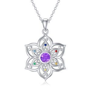 Sterling Silver Yoga Lotus Flower Pendant Necklace with 7 Chakra Zircon-0