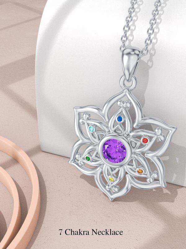 Sterling Silver Yoga Lotus Flower Pendant Necklace with 7 Chakra Zircon-3