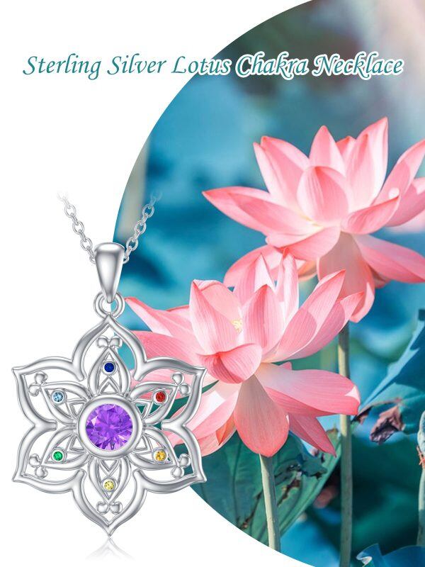 Sterling Silver Yoga Lotus Flower Pendant Necklace with 7 Chakra Zircon-4