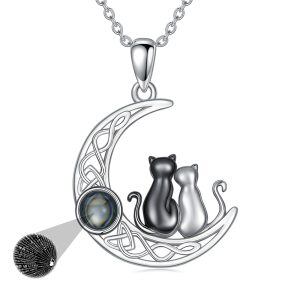 Sterling Silver Celtic Moon and Cat Pendant Necklace with 100 Languages I Love You-0