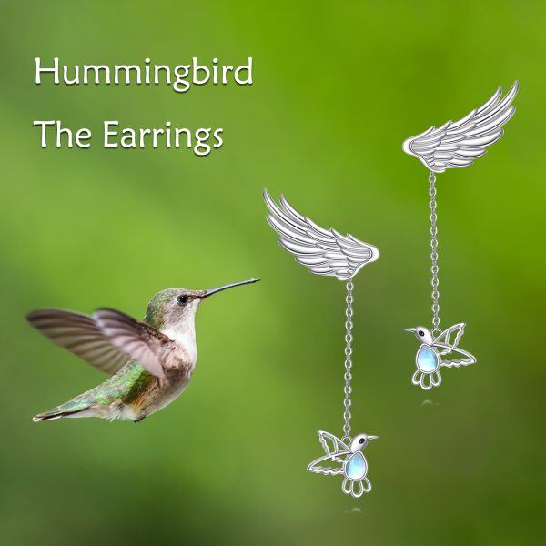 Sterling Silver Moonstone Hummingbird Wings Stud Earrings-2