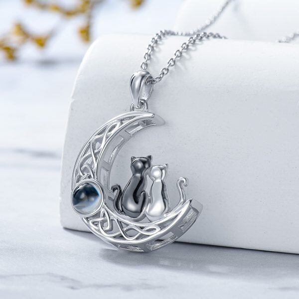 Sterling Silver Celtic Moon and Cat Pendant Necklace with 100 Languages I Love You-4