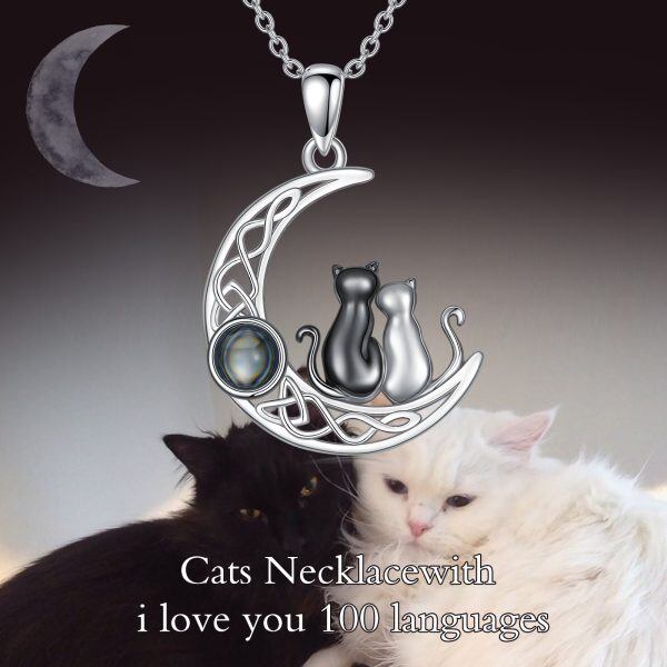 Sterling Silver Celtic Moon and Cat Pendant Necklace with 100 Languages I Love You-5