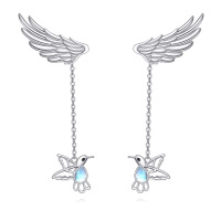wholesale 925 Sterling Silver Hummingbird & Wing Drop Earrings with Moonstone Crystals for Women- Rhodium Plated