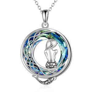 Sterling Silver Celtic Moon and Mermaid Pendant Necklace with Crystal Circle-0