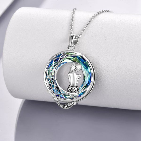 Sterling Silver Celtic Moon and Mermaid Pendant Necklace with Crystal Circle-3