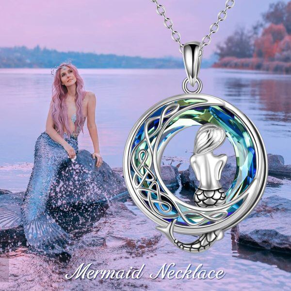 Sterling Silver Celtic Moon and Mermaid Pendant Necklace with Crystal Circle-5