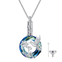 wholesale 925 Sterling Silver Blue Crystal Hummingbird Cremation Jewelry Keepsake Pendant with Funnel and Fill Tool- Rhodium Plated