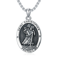 wholesale 925 Sterling Silver Saint Christopher Protect Me Medal Pendant Necklace for Men & Women- Oxidized/Oxidised