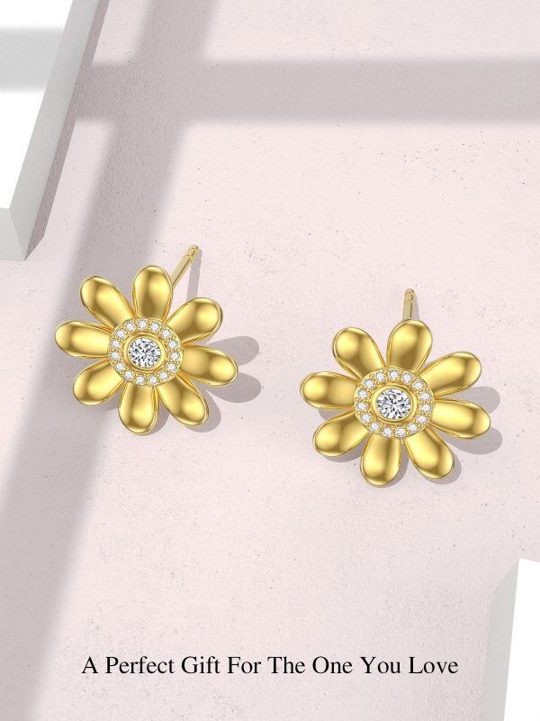 Sterling Silver Gold Plated Moissanite Daisy Flower Stud Earrings-4