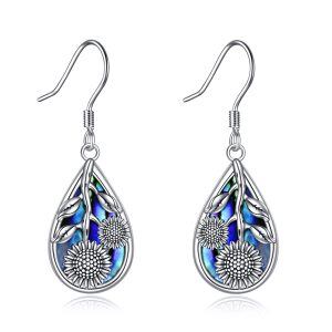 Sterling Silver Abalone Shellfish Sunflower Dangle and Drop Earrings-0