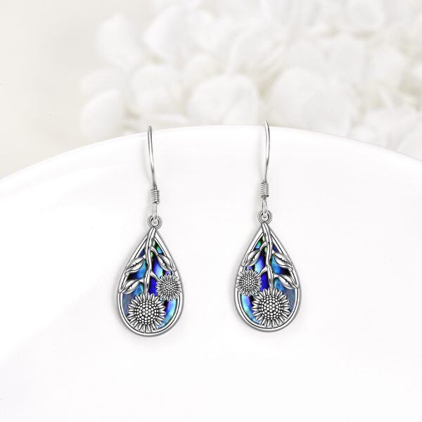 Sterling Silver Abalone Shellfish Sunflower Dangle and Drop Earrings-1