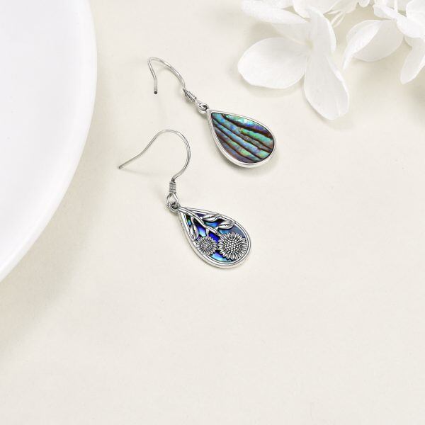 Sterling Silver Abalone Shellfish Sunflower Dangle and Drop Earrings-2