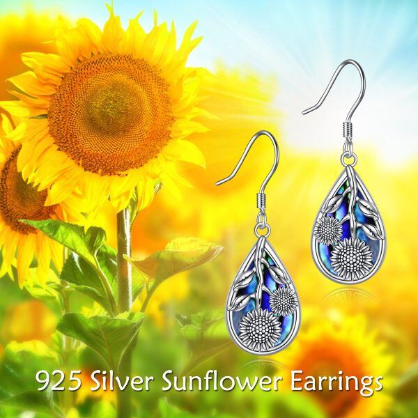 Sterling Silver Abalone Shellfish Sunflower Dangle and Drop Earrings-4