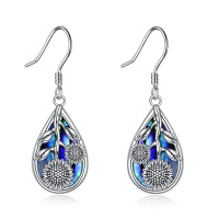 wholesale 925 Sterling Silver Blue Abalone Shell Flower Drop Earrings with Leaf and Sunflower Design- Rhodium Plated