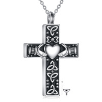 wholesale 925 Sterling Silver Celtic Knot Heart Hands Urn Keepsake Ashes Holder Memorial Cross Pendant Necklace for Women Men Gifts 36 Chain- Rhodium Plated