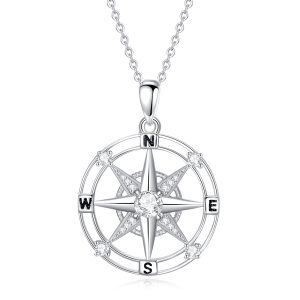 Sterling Silver White CZ Compass Pendant Necklace-0