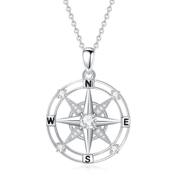 Sterling Silver White CZ Compass Pendant Necklace-0