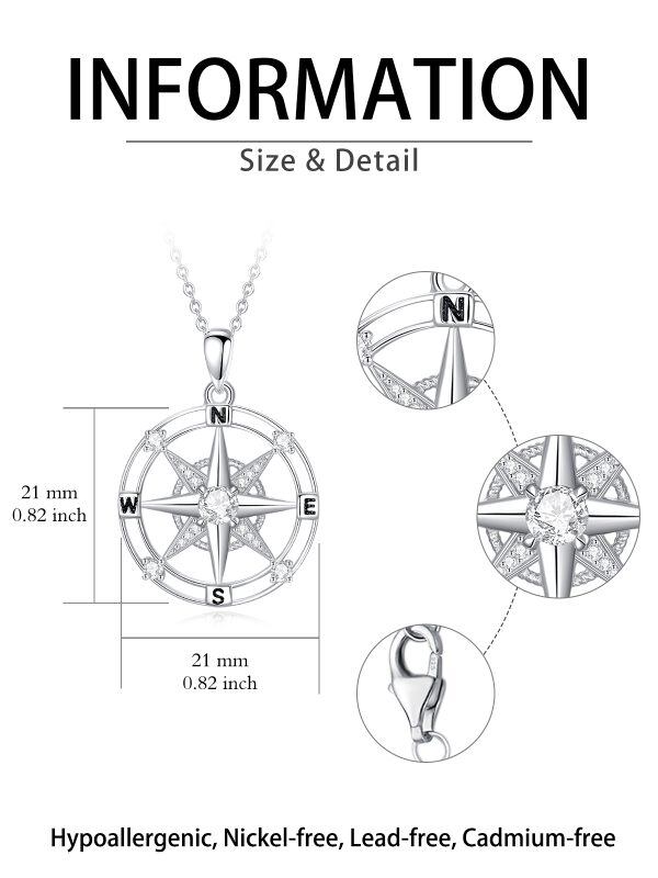 Sterling Silver White CZ Compass Pendant Necklace-1