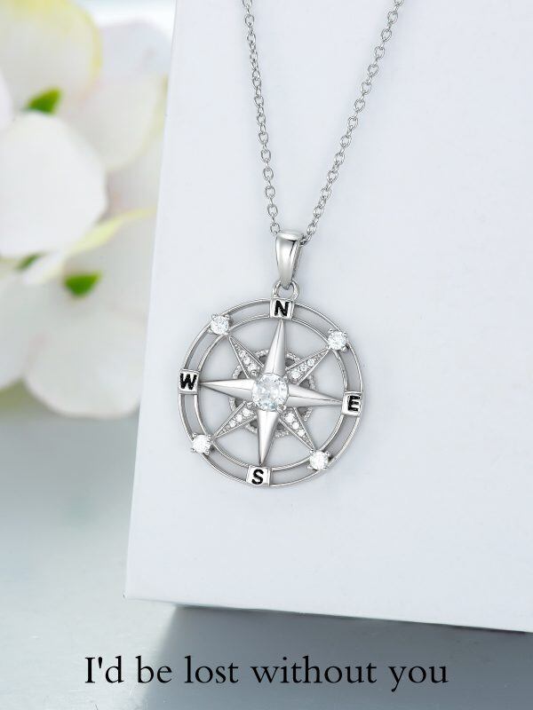 Sterling Silver White CZ Compass Pendant Necklace-3