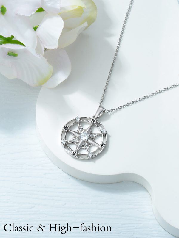 Sterling Silver White CZ Compass Pendant Necklace-4