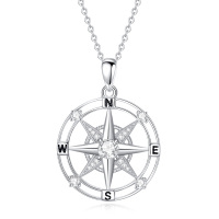 wholesale 925 Sterling Silver Compass Star Pendant Necklace for Women Girls  48cm Chain Length- Rhodium Plated