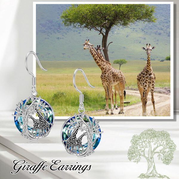 Sterling Silver Giraffe & Tree of Life Dangle Earrings with Crystal Circle-5