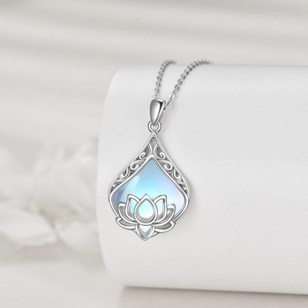 Sterling Silver Moonstone Lotus Flower Pendant Necklace-3