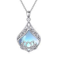 wholesale 925 Sterling Silver Blue Moonstone Lotus Pendant Necklaces for Women- Rhodium Plated