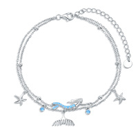 wholesale 925 Sterling Silver Blue Opal Starfish & Sea Horse Charm Anklet s for Women and Girls- Rhodium Plated