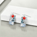 wholesale 925 Sterling Silver Hypoallergenic Rectangular Wave Design Red Stone Anime Cartoon Earrings Gifts for Women and Men-0-3