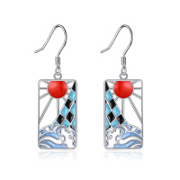 wholesale 925 Sterling Silver Hypoallergenic Rectangular Wave Design Red Stone Anime Cartoon Earrings Gifts for Women and Men- Rhodium Plated