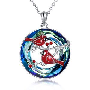 Sterling Silver Red Enamel Cardinal Pendant Necklace with Crystal Circle-0