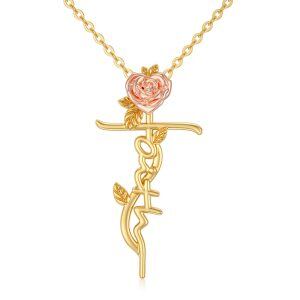 14K Solid Gold Faith Cross Pendant Necklace with Rose Flower-0