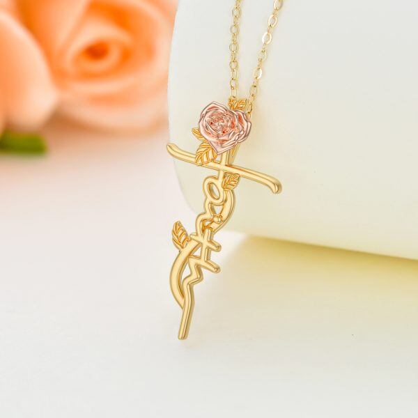 14K Solid Gold Faith Cross Pendant Necklace with Rose Flower-3