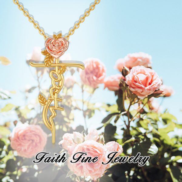 14K Solid Gold Faith Cross Pendant Necklace with Rose Flower-5