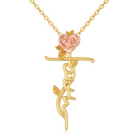 wholesale 14K Gold Faith Cross & Rose Flower Pendant Necklace for Women - 18 Chain- Two Tone