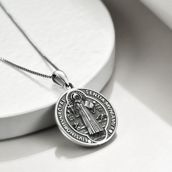 Sterling Silver Saint Benedict Medals Pendant Necklaces-4